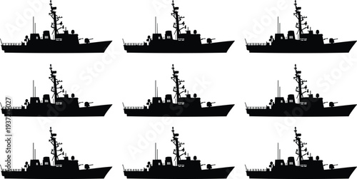 Vector silhouette collection of modern naval warships and military destroyer vessels, repeating maritime navy ship patterns for defense industry and nautical marine design