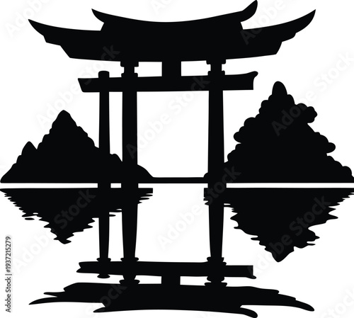Japanese torii gate near lake with reflection serene landscape vector illustration