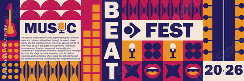 Geometric bold mosaic guitar with music festival pattern and poster abstract.