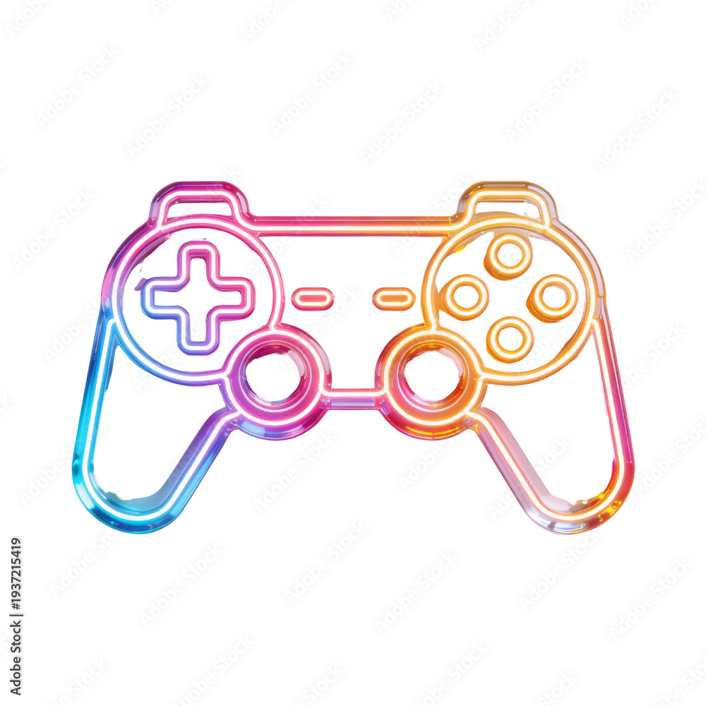 Obraz premium 3D neon-styled game controller icon with cyan and pink dual-color outlines and crystalline glass body isolated on transparent background. Vibrant gamepad with chrome details.