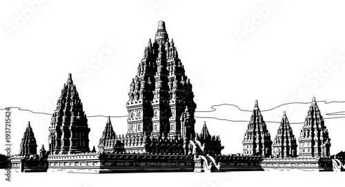 Intricate architectural illustration of the Prambanan temple complex in Indonesia.
