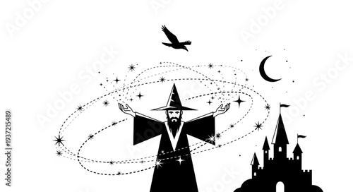 Mystical wizard conjuring cosmic energy with celestial symbols and a bird.