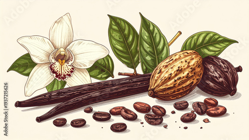 Vanilla Flower and Cocoa Pod Botanical Illustration – Natural Spice and Chocolate Ingredient Vector