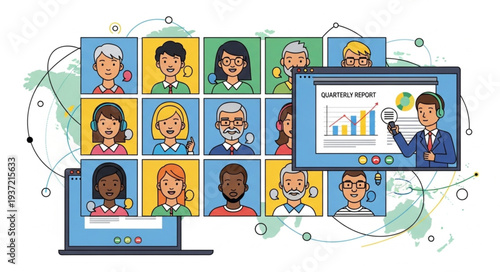 Virtual Meeting Conference with Multiple Participants on Screens.