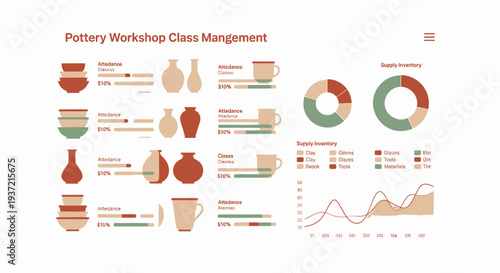 Set of pottery workshop class management icons and graphs vector