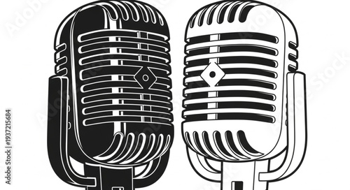 Two vintage microphones side by side, black and white, studio recording equipment.
