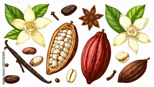 Vanilla Flower and Cocoa Pod Botanical Illustration – Natural Spice and Chocolate Ingredient Vector