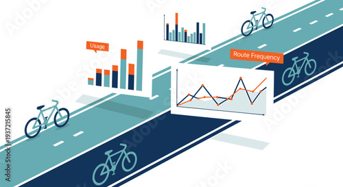 Vector illustration of bicycles on road with infographic elements