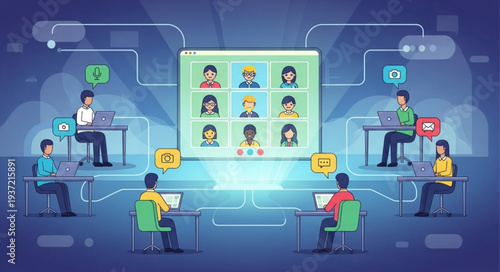 Virtual Meeting with Multiple Participants on Screen.