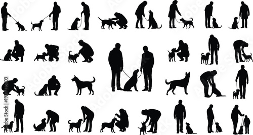 People and dog silhouette vector illustration set, people walking, training, and caring for their pets. Ideal for pet service branding
