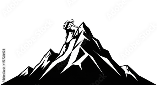 Silhouette of a determined climber conquering a mountain peak, achieving success and reaching the summit.
