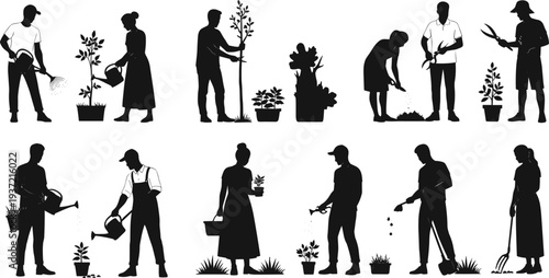 People gardening and planting, using watering cans, shovels, and rakes, black silhouette vector illustration set on white