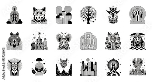 Collection of artistic black and white illustrations featuring various subjects and themes.
