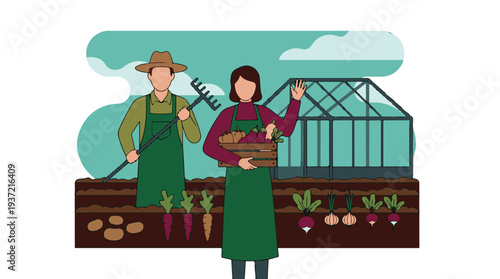 Farmers harvesting fresh organic vegetables in a garden with a greenhouse