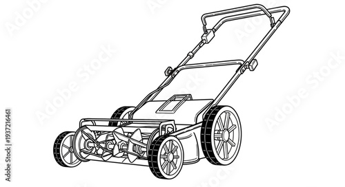Detailed illustration of a manual lawn mower, perfect for gardening tasks and lawn care.