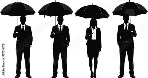 People with umbrellas silhouette vector illustration set, business professionals in formal attire holding black umbrellas for protection