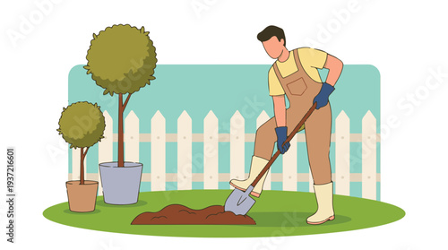 Illustration of a man gardening, digging soil with a shovel for planting
