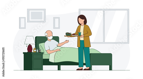 Caring woman serving healthy meal to elderly man recovering in bed