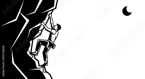 Man climbing a steep rock face, determined to reach the summit, black and white illustration.