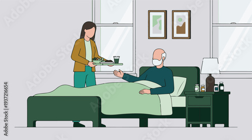 Woman serving healthy meal to elderly man in bed, illustrating home care support