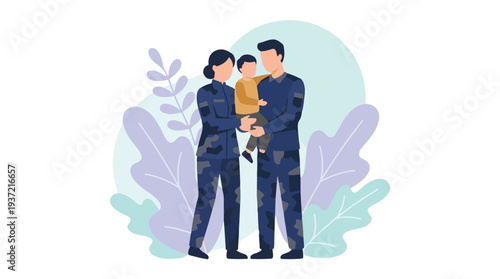 Military or police parents in camouflage uniform holding their child, family support