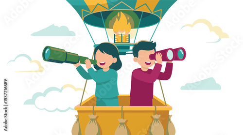 Kids in hot air balloon exploring with telescope and binoculars