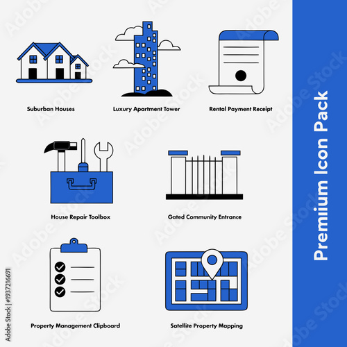 Modern vector icons of suburban houses luxury apartments and property management tools in blue and white