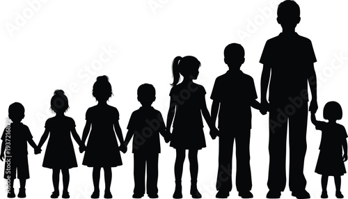Group of children silhouette vector illustration, kids of different ages holding hands, representing childhood, growth, and community