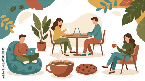 Flat illustration of remote workers and people relaxing at a coffee shop