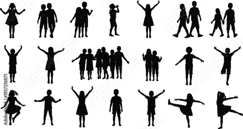 Group of children silhouette vector illustration, kids of different ages in various poses, playing, cheering, and having fun