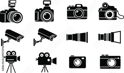 Camera and photography equipment icon set, DSLR camera, security camera, lens and video camera symbols, media technology vector silhouette collection