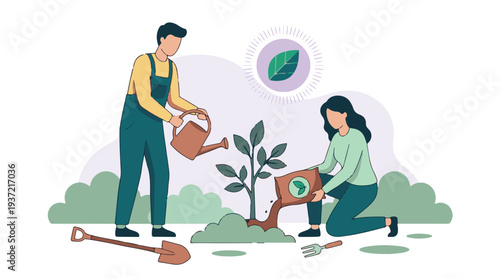 Man and woman planting a tree, gardening and environmental care illustration