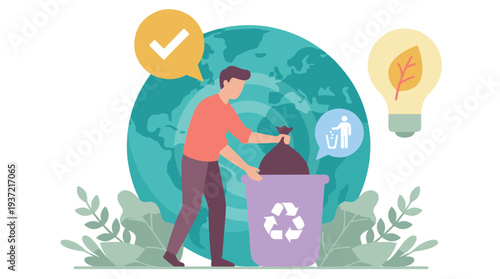 Man recycling waste into a bin, promoting global environmental sustainability.