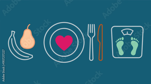 Healthy eating and weight management concept with food and scale icons