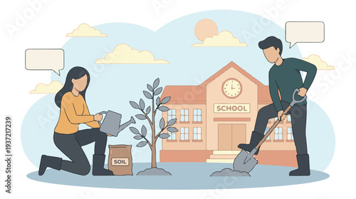 People planting a tree in front of a school building, promoting environmental care