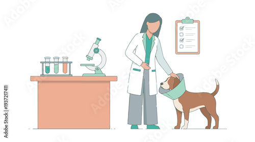 Veterinarian examining a dog with a cone collar in an animal clinic
