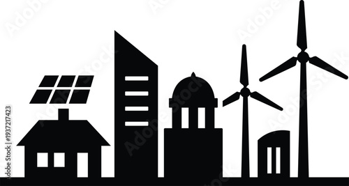 Renewable energy cityscape with solar and wind power