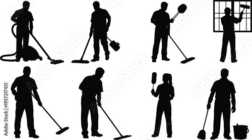 Cleaning worker silhouettes set, janitor collection with mop vacuum and duster, housekeeping service, professional cleaners, sanitation staff, maintenance crew icon illustration
