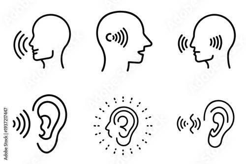 Hearing and speaking line icon set featuring human ear sound wave and person talking for audio communication and sensory perception and more vector illustration or editable stroke