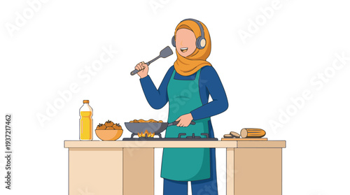 Joyful Muslim woman cooking in kitchen with headphones, singing with spatula