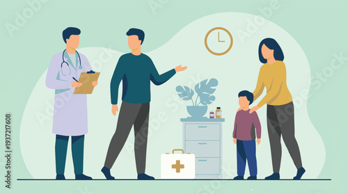 Doctor consulting with a family and child about healthcare and wellness