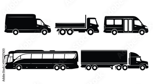 Commercial vehicle silhouettes set, cargo van flatbed truck bus and semi trailer icons, transportation fleet collection, delivery transport symbol vector illustration
