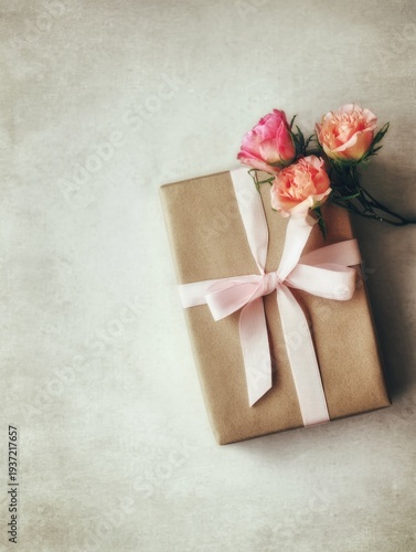 This gift box is adorned with pink roses, making it an eye-catching present for any special occasion. The ribbon adds a touch of elegance to the package, while the colorful flowers
