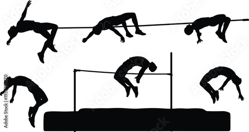 High jumper athlete silhouettes in various poses, clearing the bar, demonstrating the Fosbury Flop technique, isolated on white background, black and white
