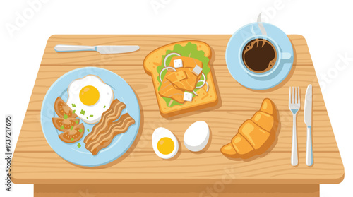 Hearty breakfast illustration with fried egg, bacon, toast, coffee, and croissant