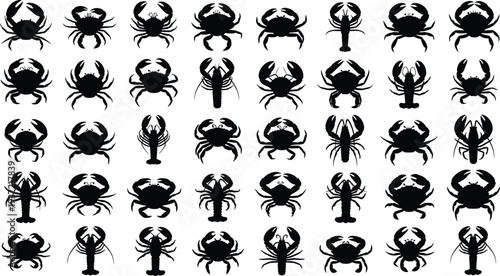 Crab and lobster silhouette collection, seafood crustacean icon set, marine animal vector illustration, ocean wildlife clipart, black seafood symbols isolated