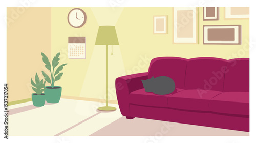 Cozy and minimalist living room interior with a sleeping cat on a sofa