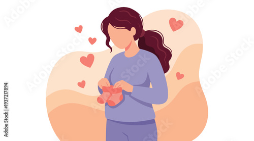 Pregnant woman holding baby booties with hearts, illustrating anticipation
