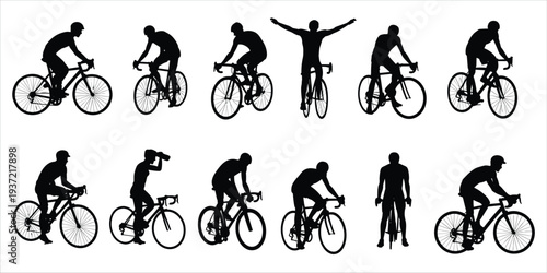 Collection of Black Silhouettes of Cyclists in Various Poses on White Background Keywords: cyclist, cycling, bicycle, silhouette