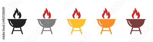 Barbecue grill bbq cooking icon set with fire flame in colored style vector illustration isolated on transparent background